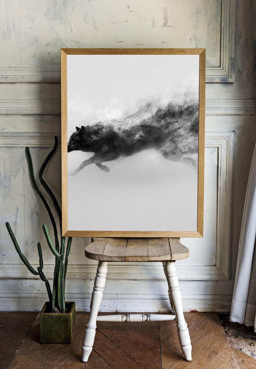 Running Wolf Black-White Poster. room preview