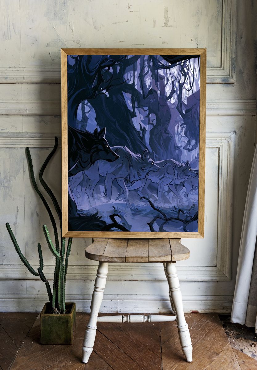 Wolf Pack in Moonlit Forest Poster. room preview