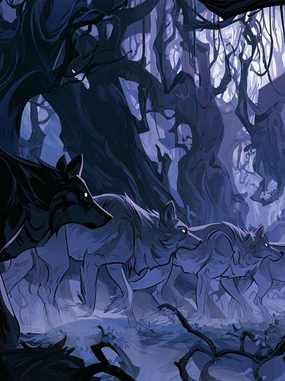 Wolf Pack in Moonlit Forest Poster.
