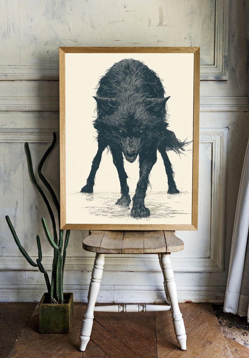 Wolf Ink Illustration Poster. — room view 1