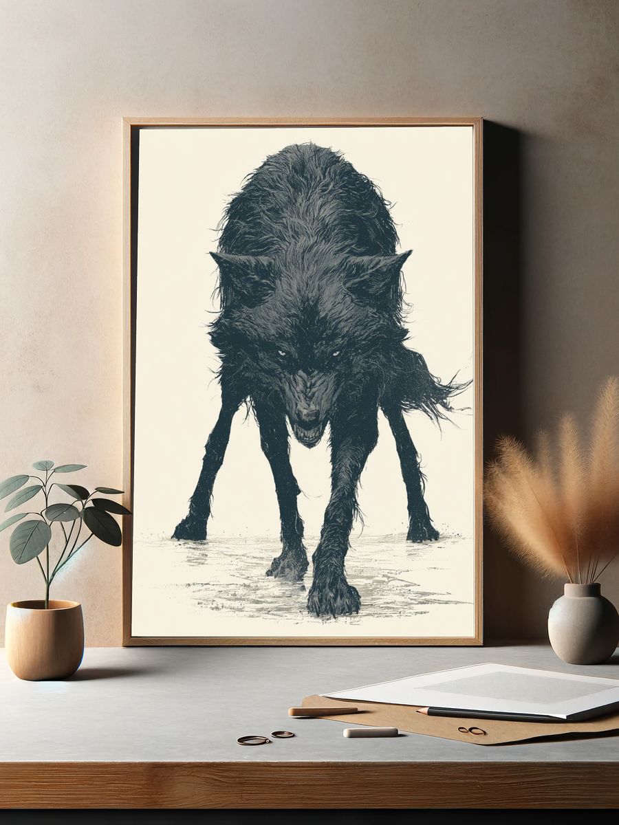 Wolf Ink Illustration Poster. — room view 2