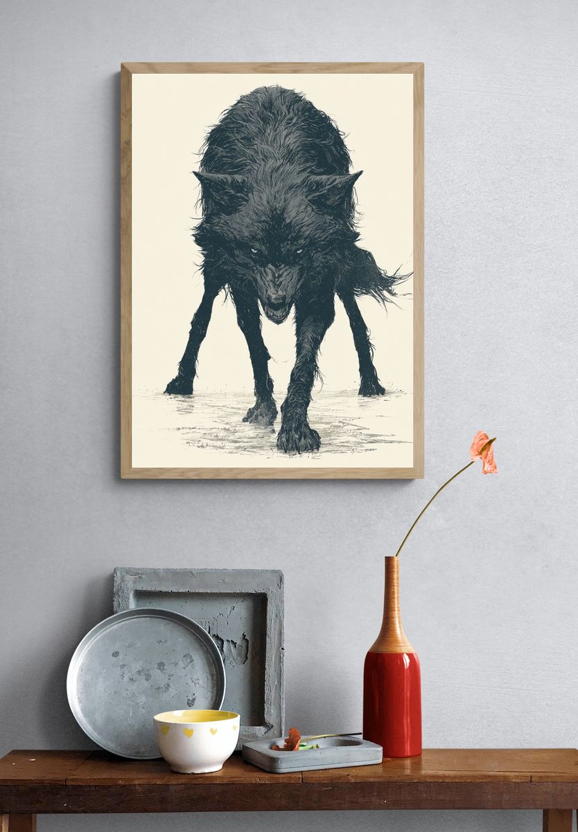 Wolf Ink Illustration Poster. — room view 3
