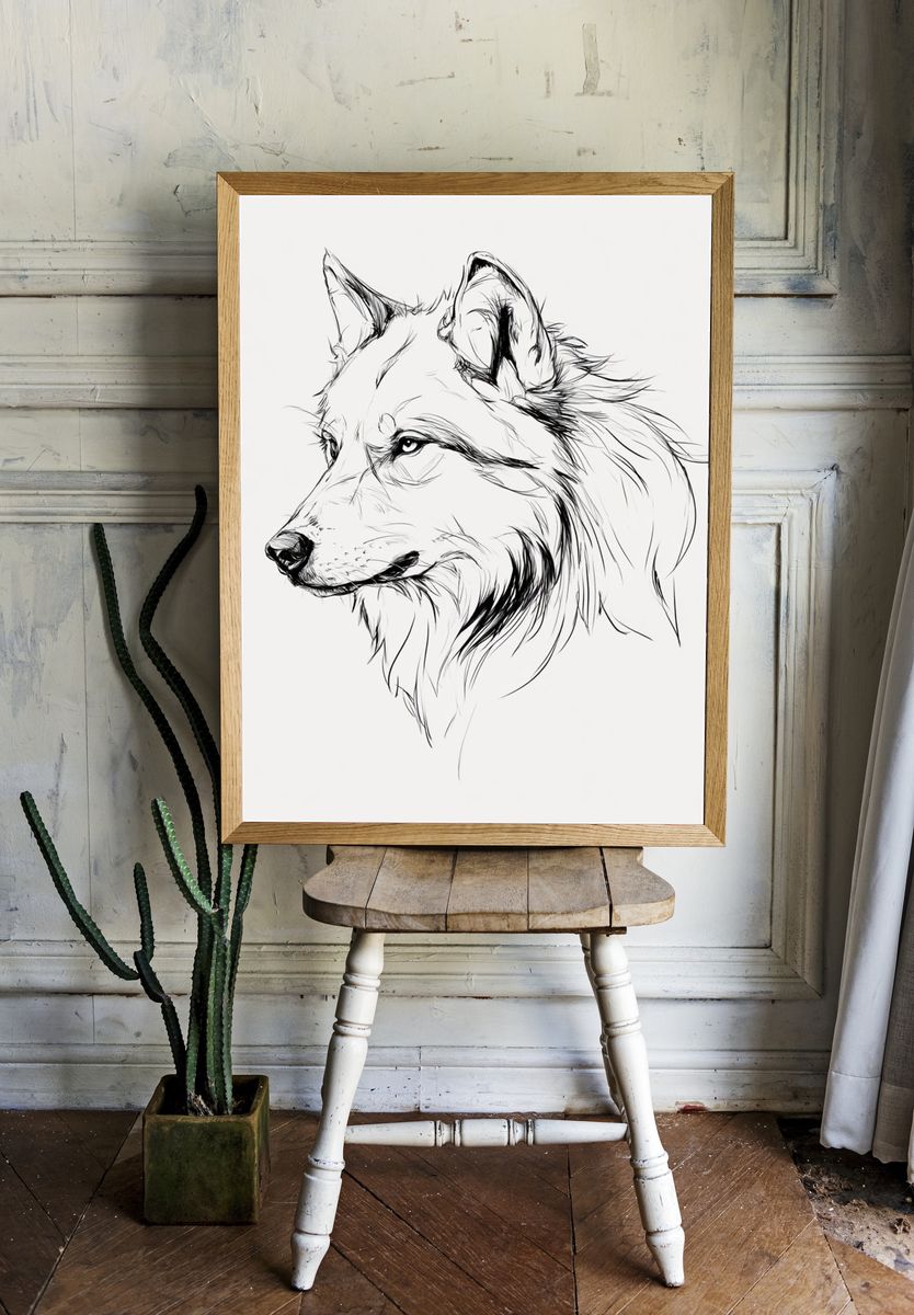 Wolf Line Art Poster. room preview