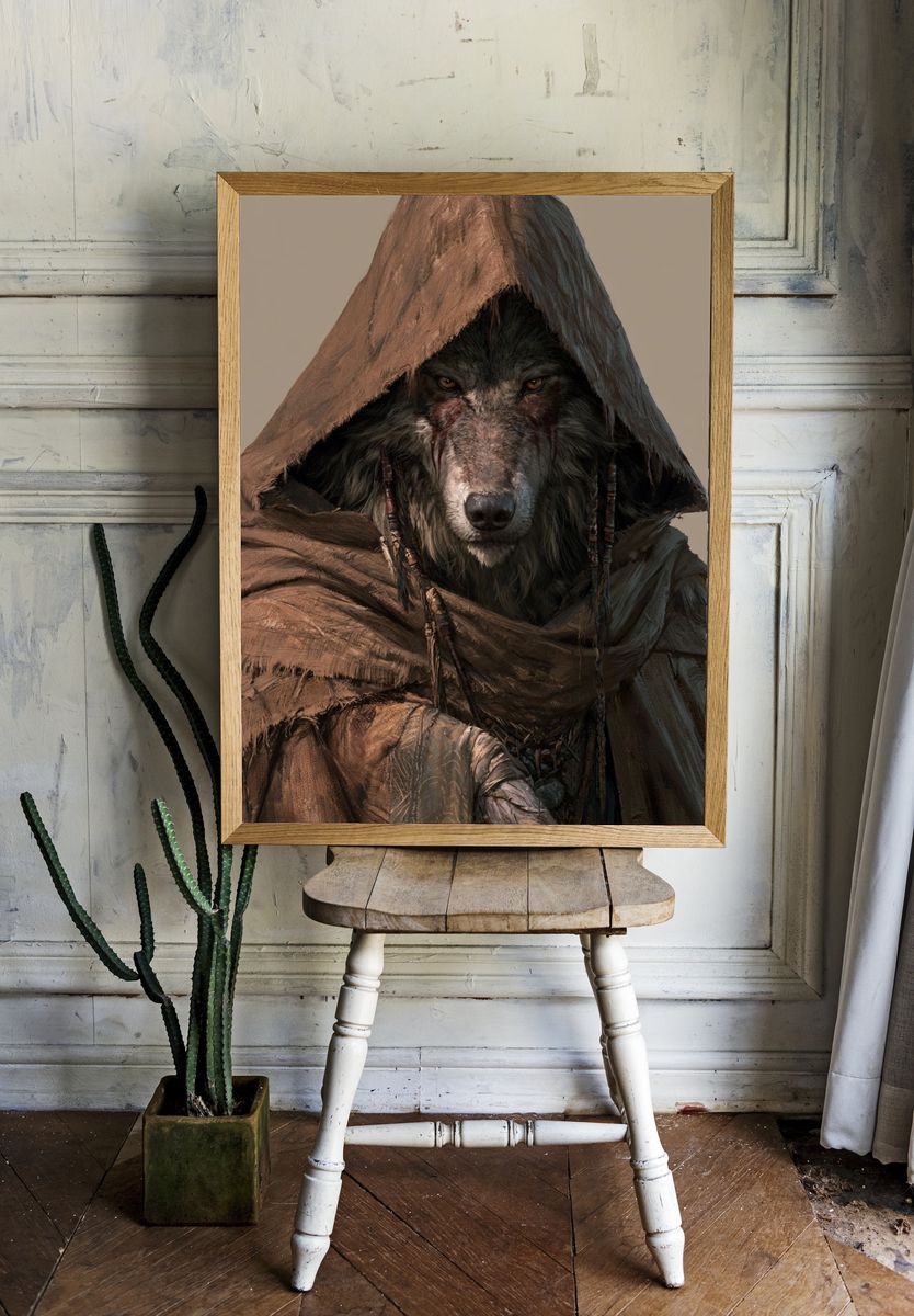 Hooded Wolf Portrait Print. room preview