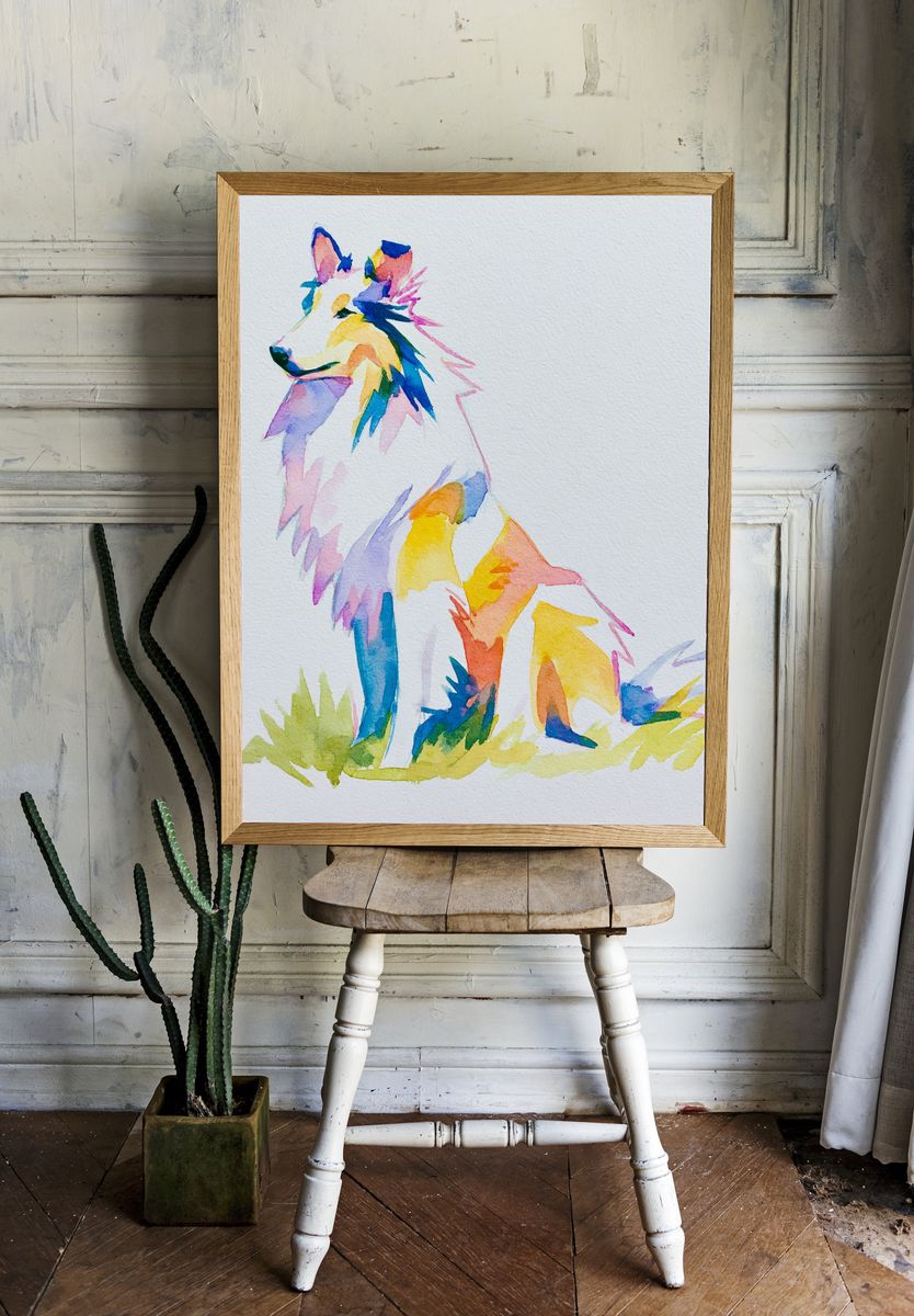 Colorful Wolf Watercolor Poster. — room view 1