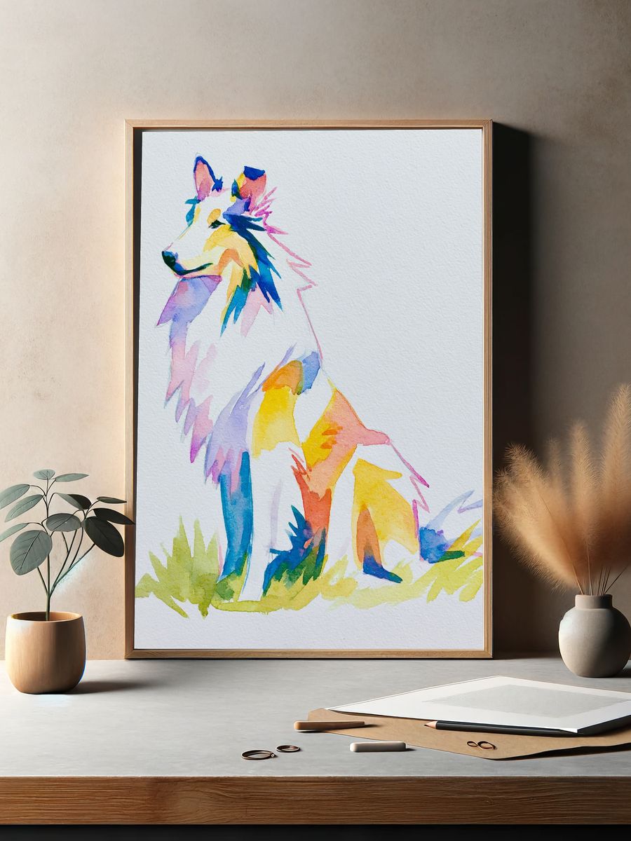 Colorful Wolf Watercolor Poster. — room view 2