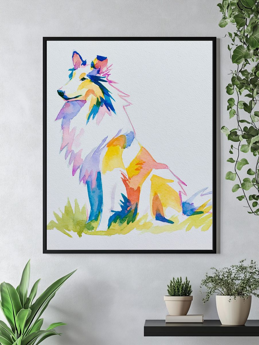 Colorful Wolf Watercolor Poster. — room view 4