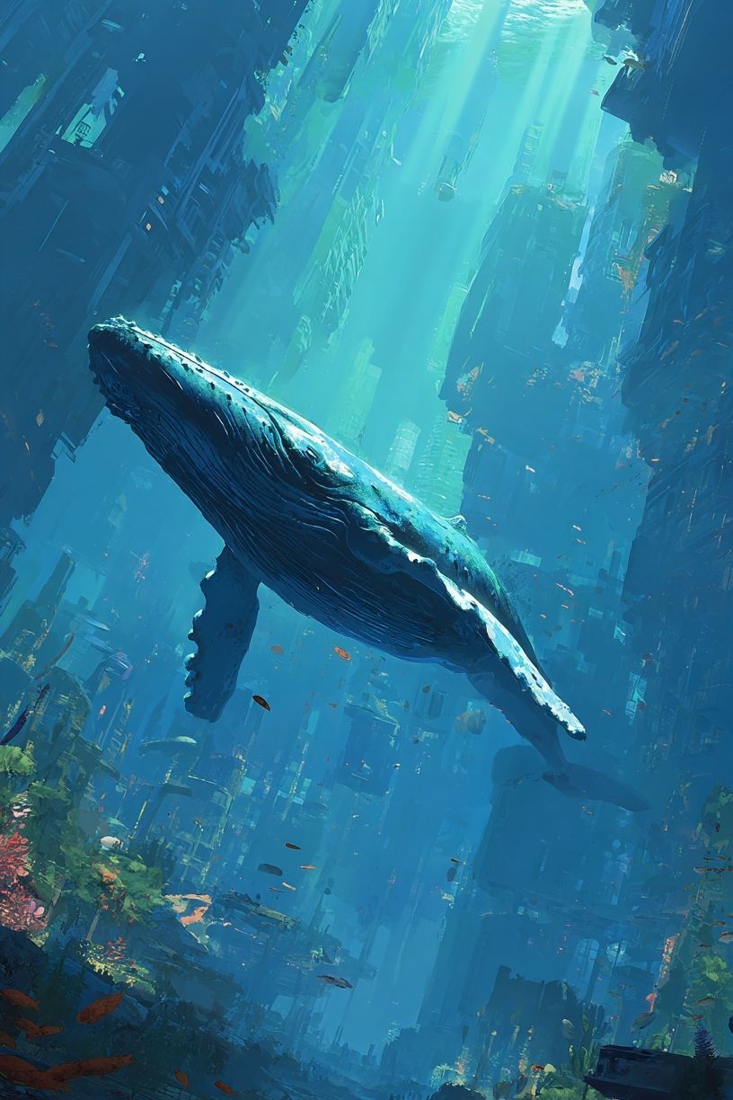 Humpback Whale in Underwater City Poster. poster — nature art