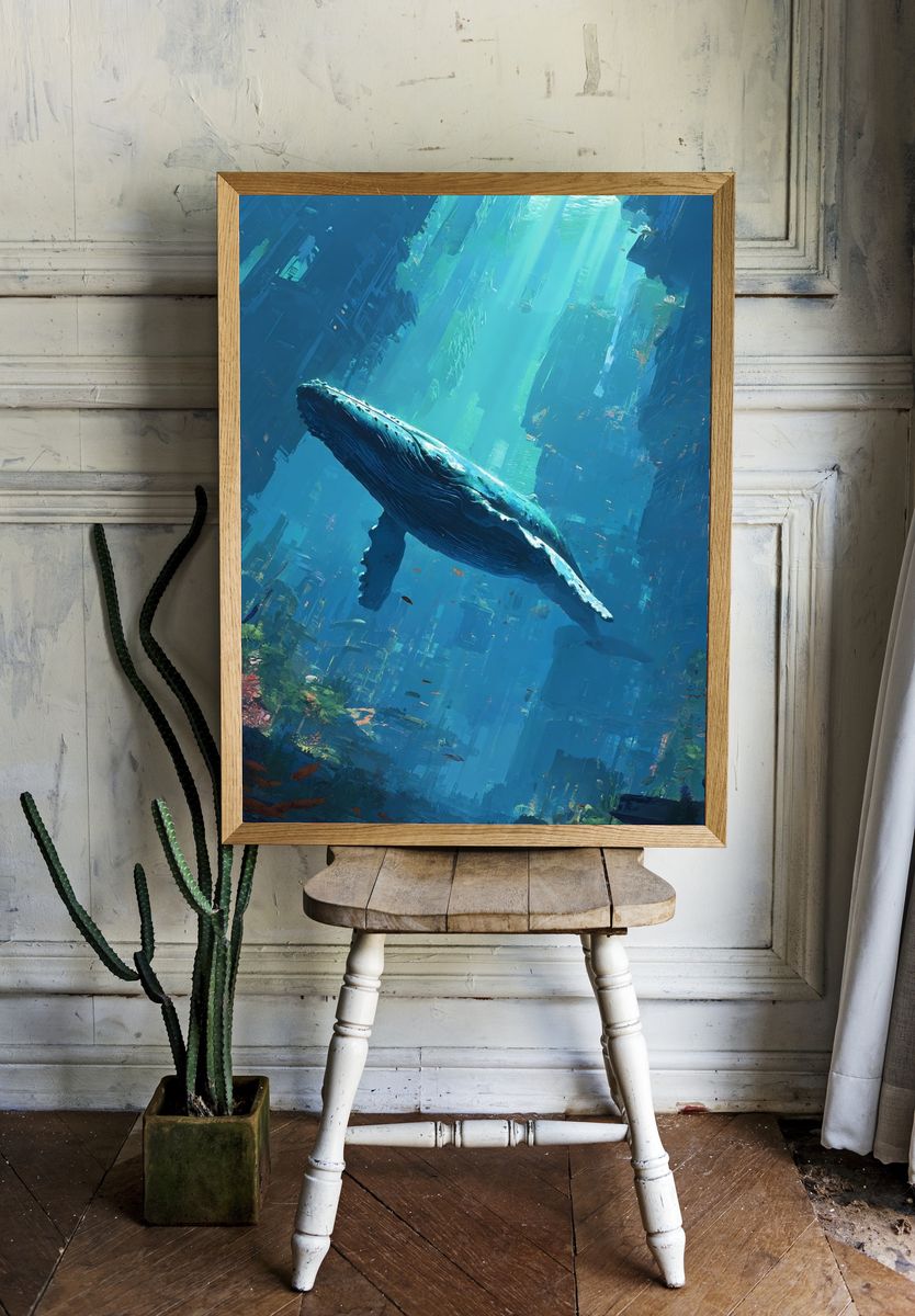 Humpback Whale in Underwater City Poster room preview