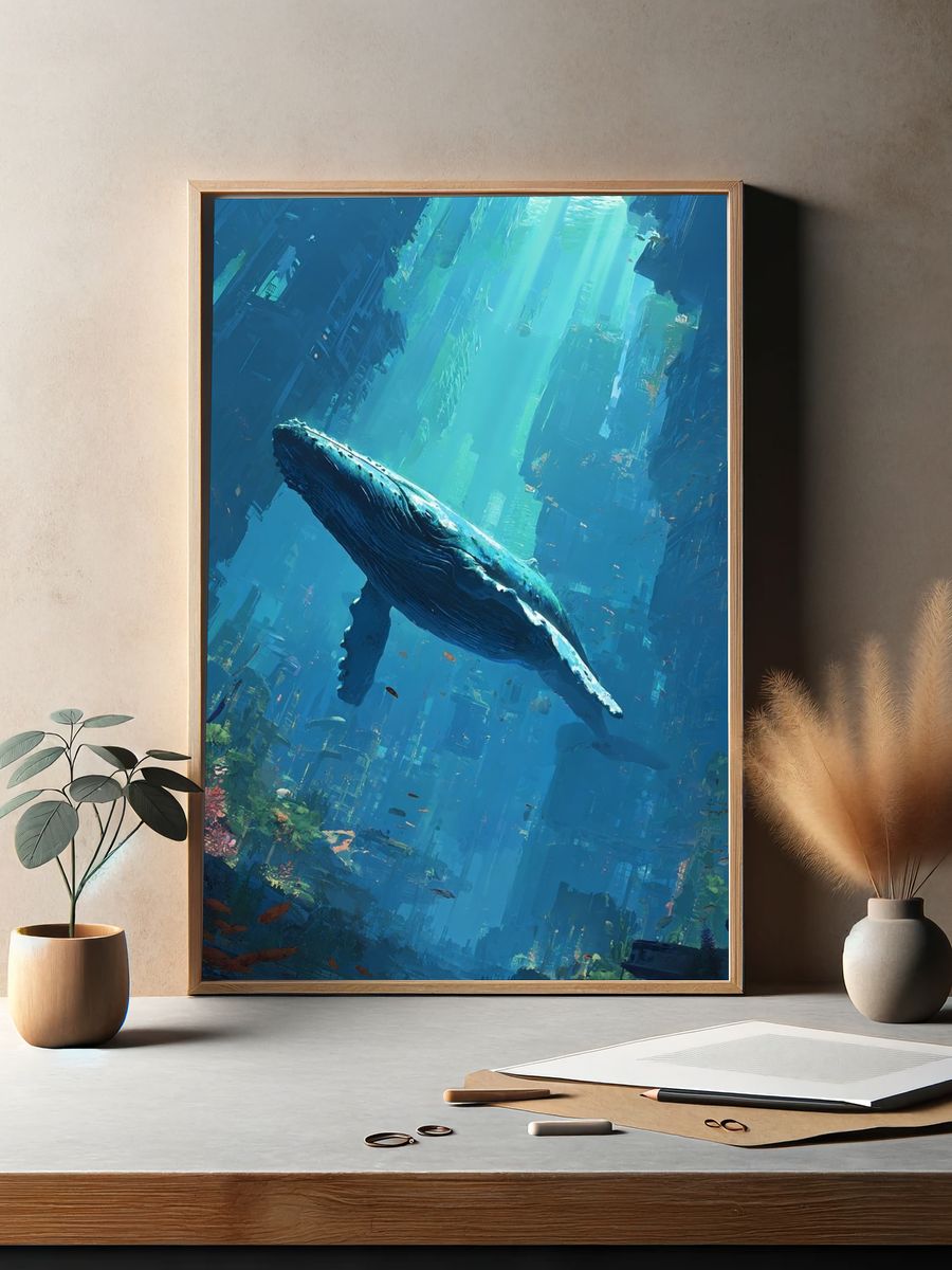 Humpback Whale in Underwater City Poster. — room view 2