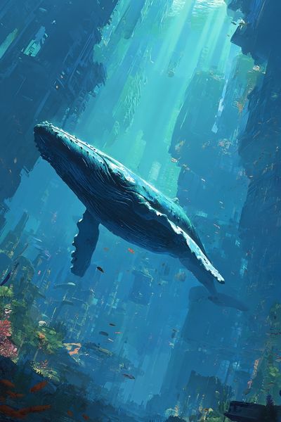 Humpback Whale in Underwater City Poster. poster
