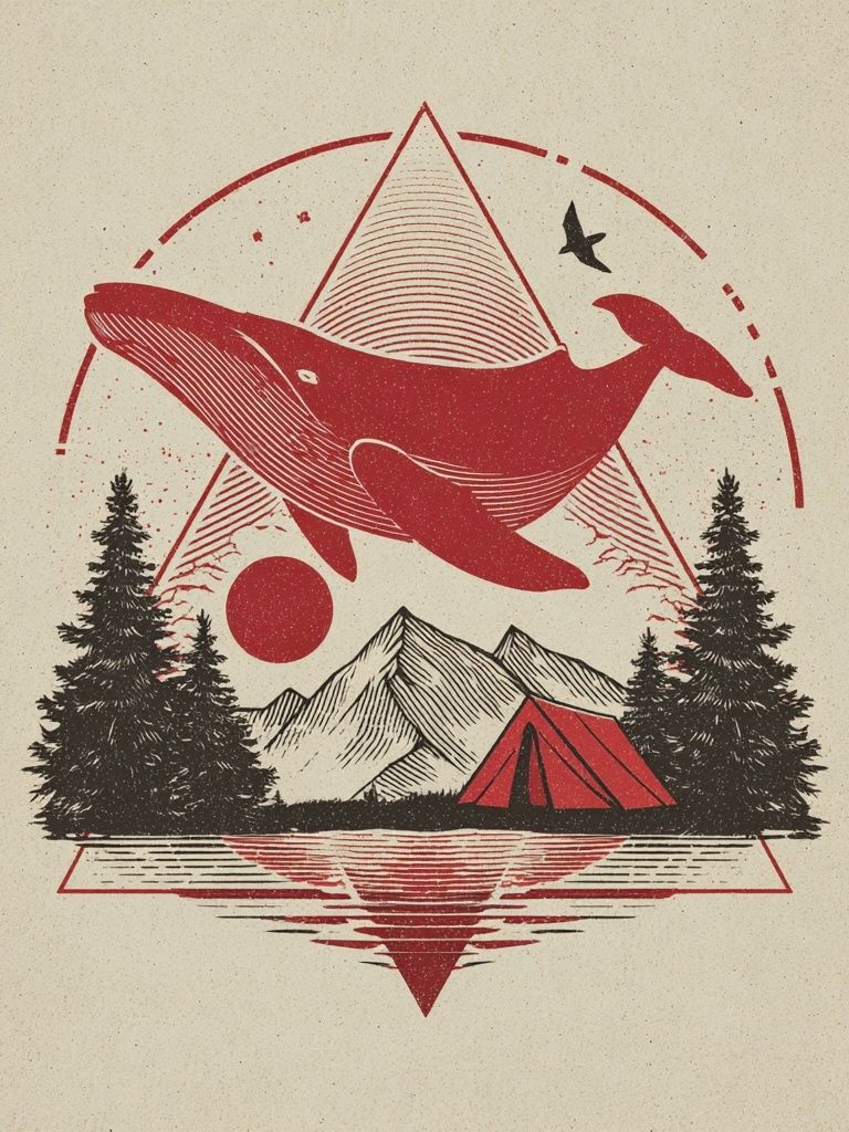 Whale and Mountains — Vintage Print. poster — nature art