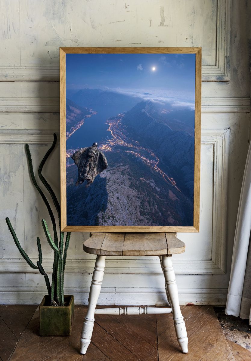 Wingsuit Over Moonlit Mountains Poster. — room view 1
