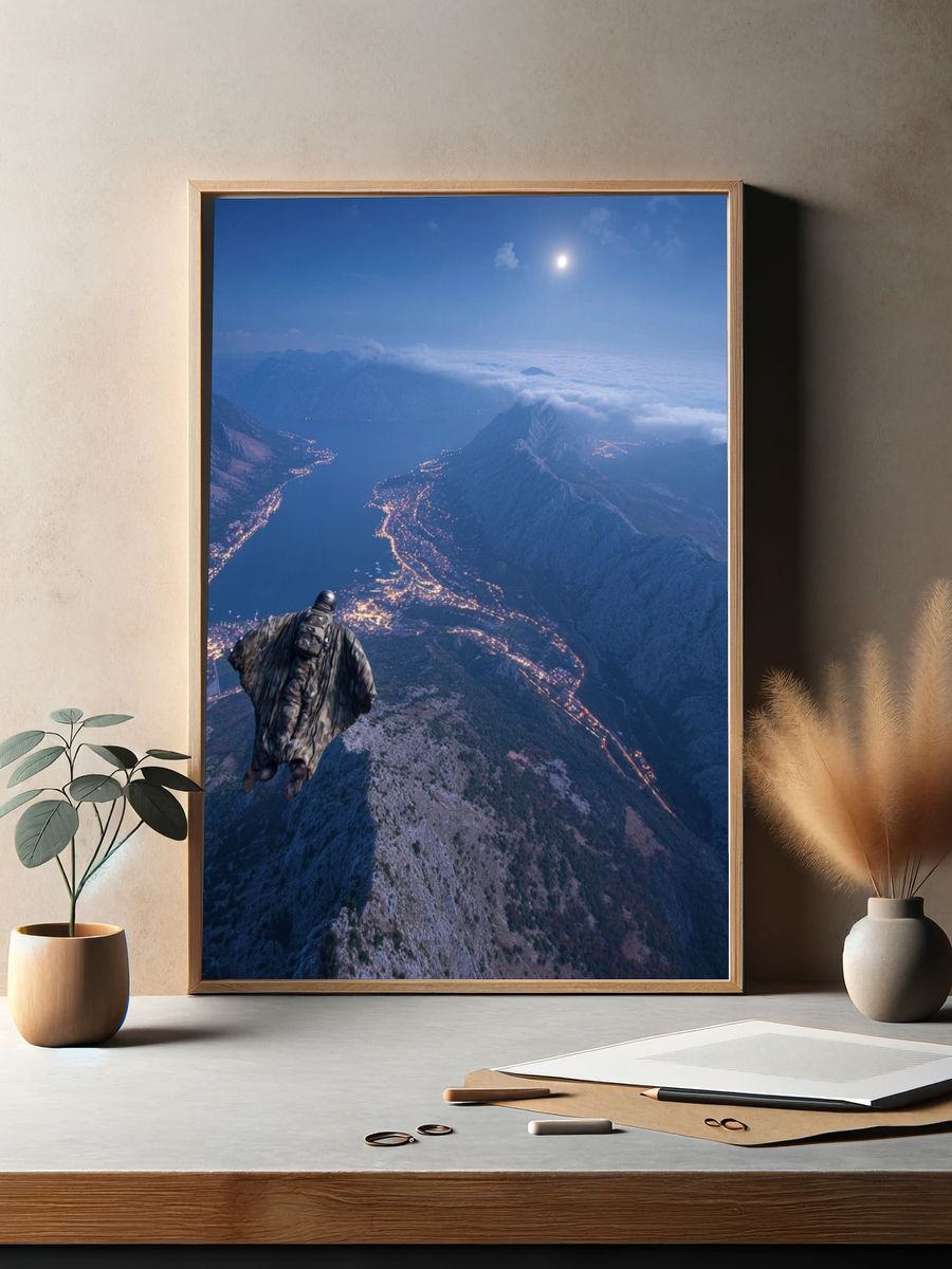 Wingsuit Over Moonlit Mountains Poster. — room view 2