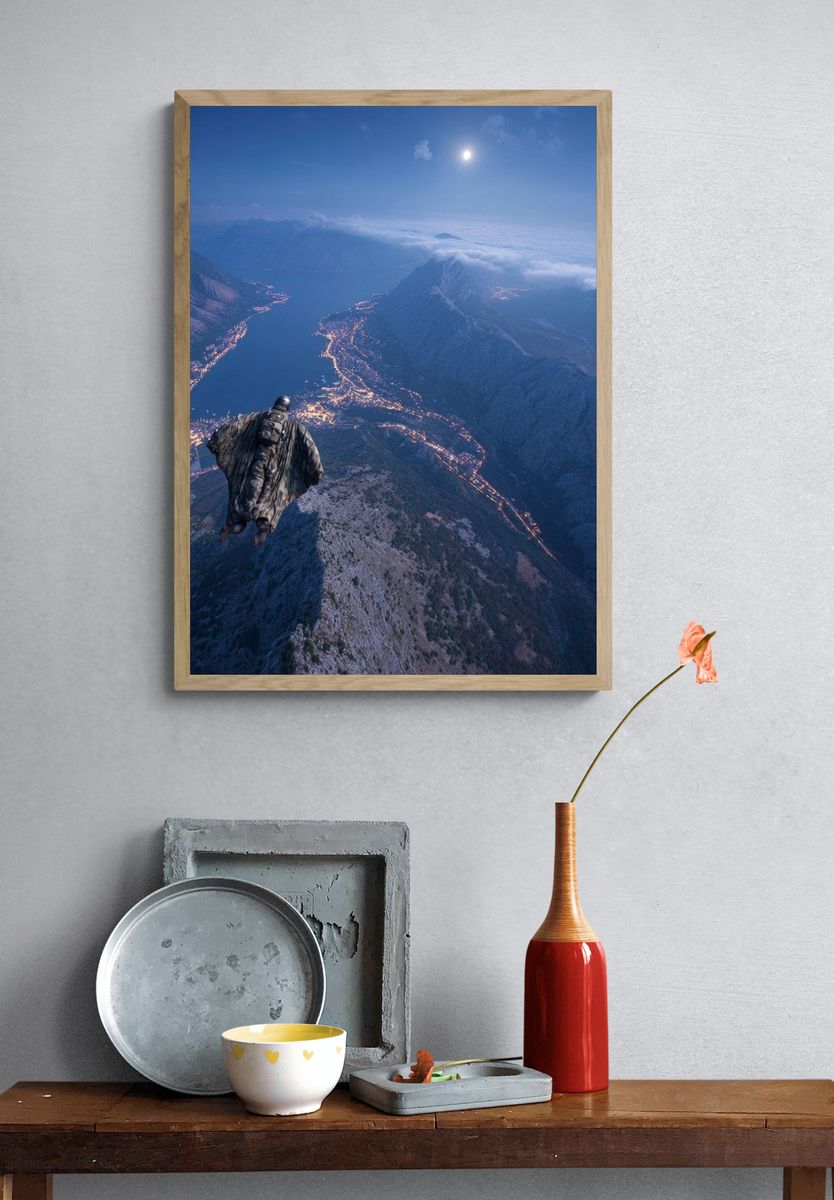 Wingsuit Over Moonlit Mountains Poster. — room view 3