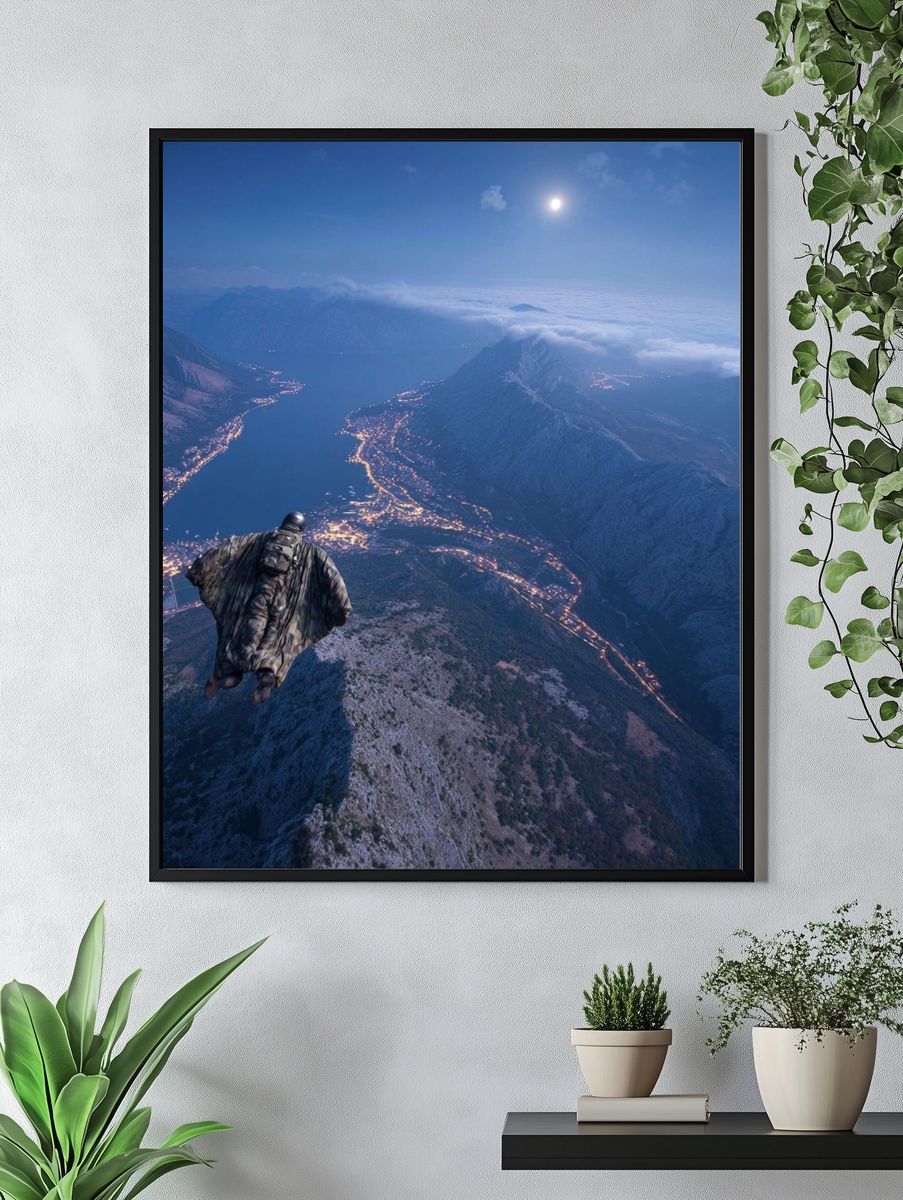Wingsuit Over Moonlit Mountains Poster. — room view 4