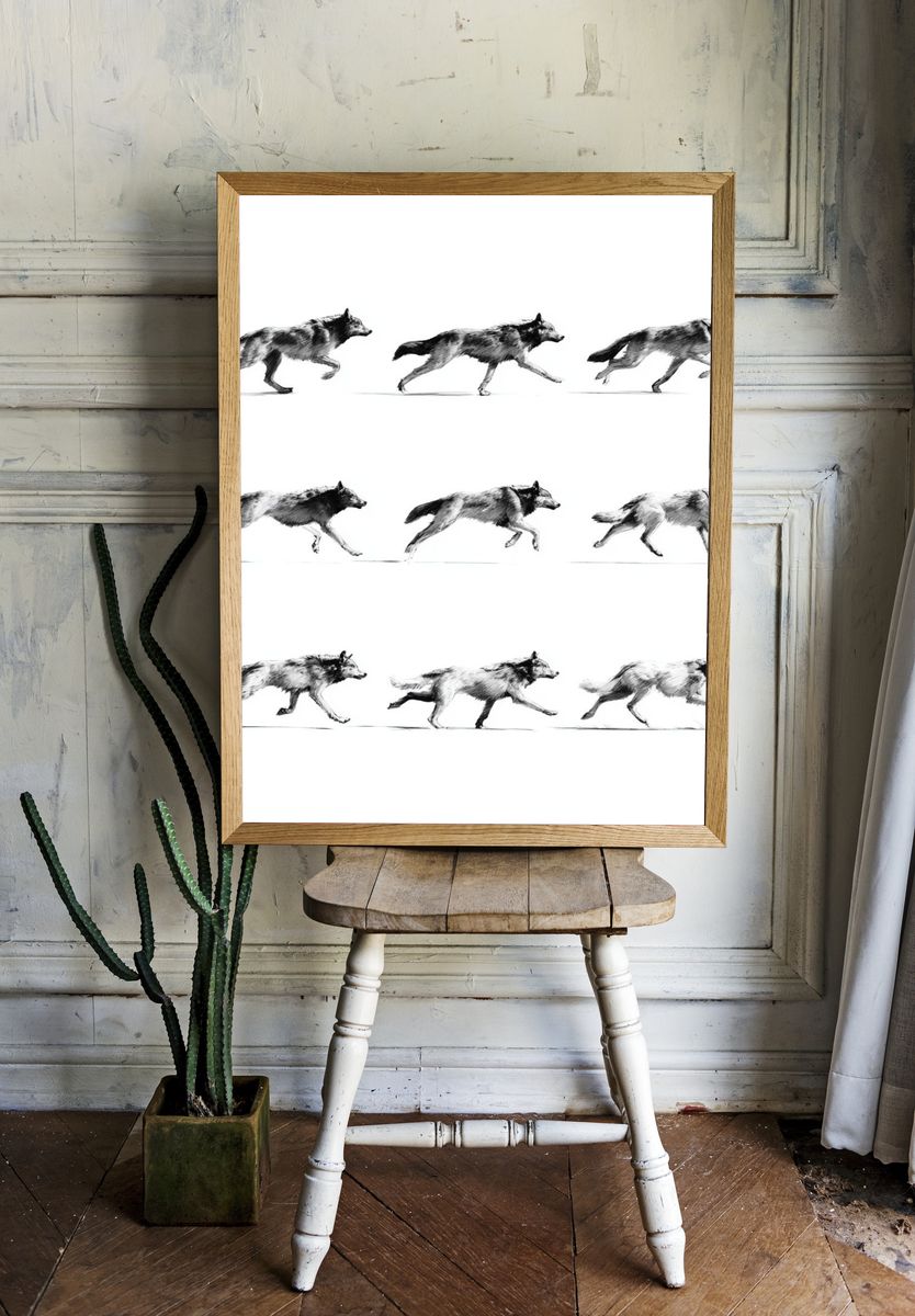 Running Wolves Black-White Print. room preview