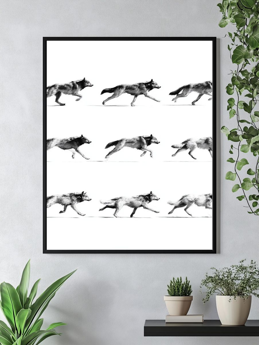 Running Wolves Black-White Print. — room view 4