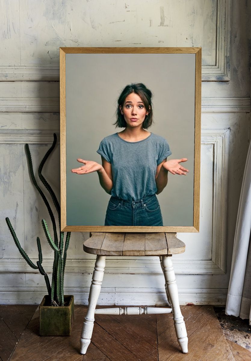 Woman Shrugging Portrait Poster. — room view 1