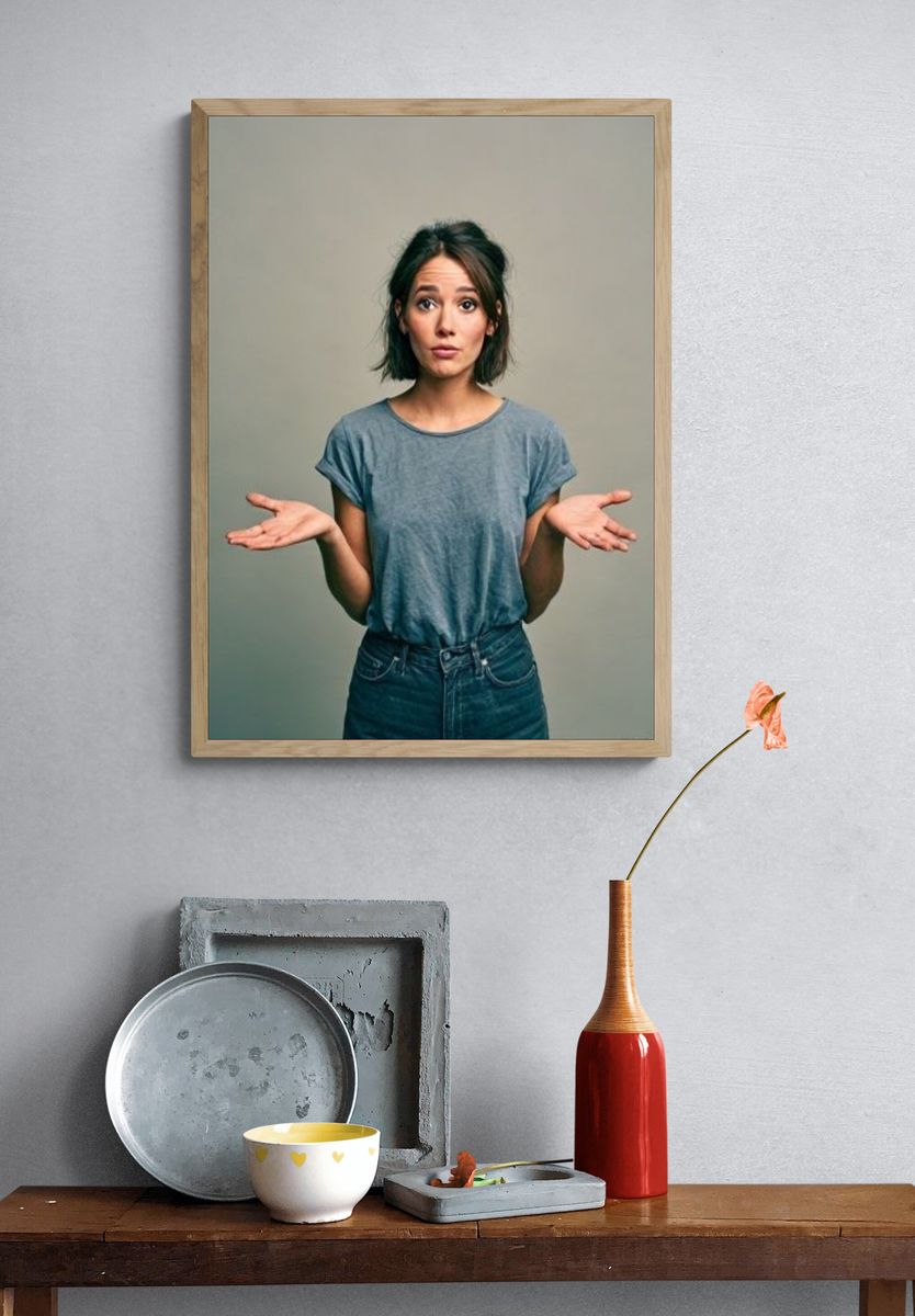 Woman Shrugging Portrait Poster. — room view 3