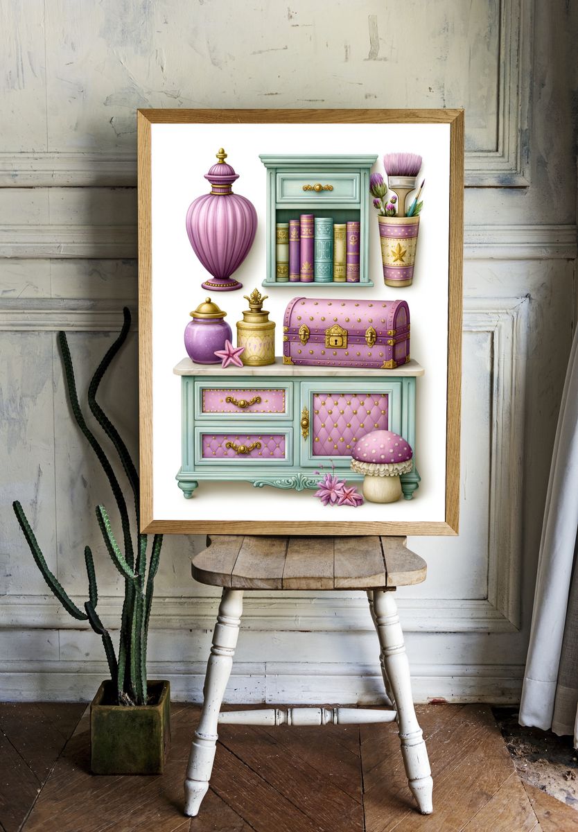 Whimsical Pastel Vanity Illustration Poster. — room view 1