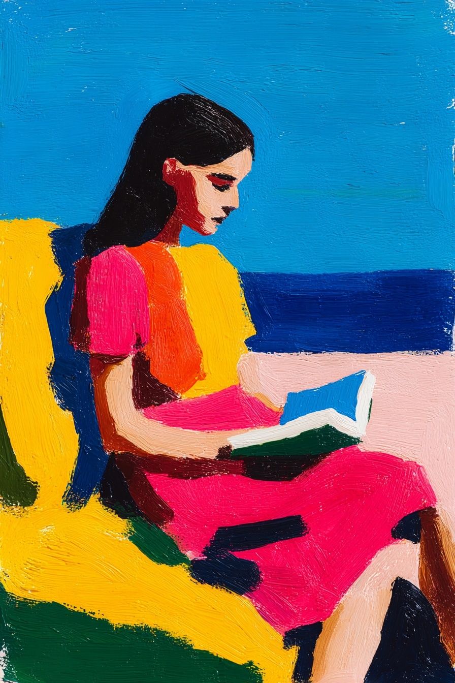Woman Reading by the Sea — Colorful Print. poster detail