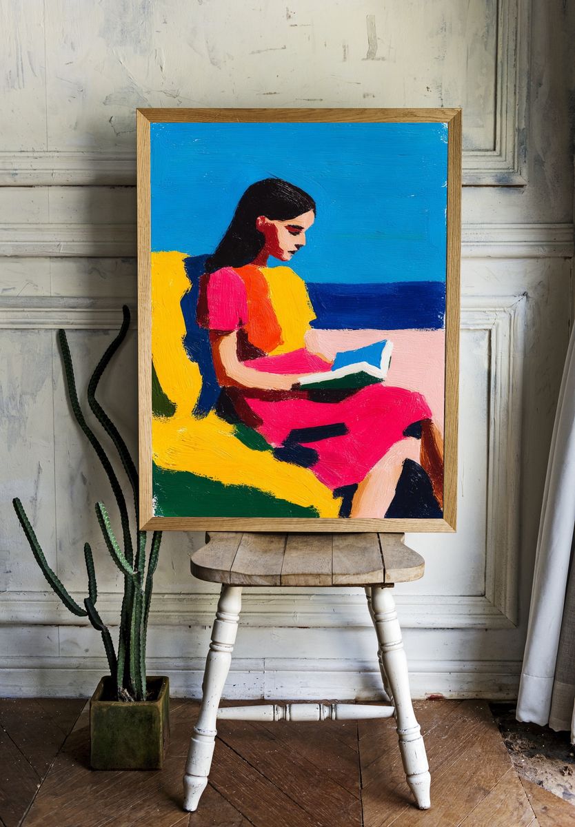 Woman Reading by the Sea — Colorful Print. — room view 1