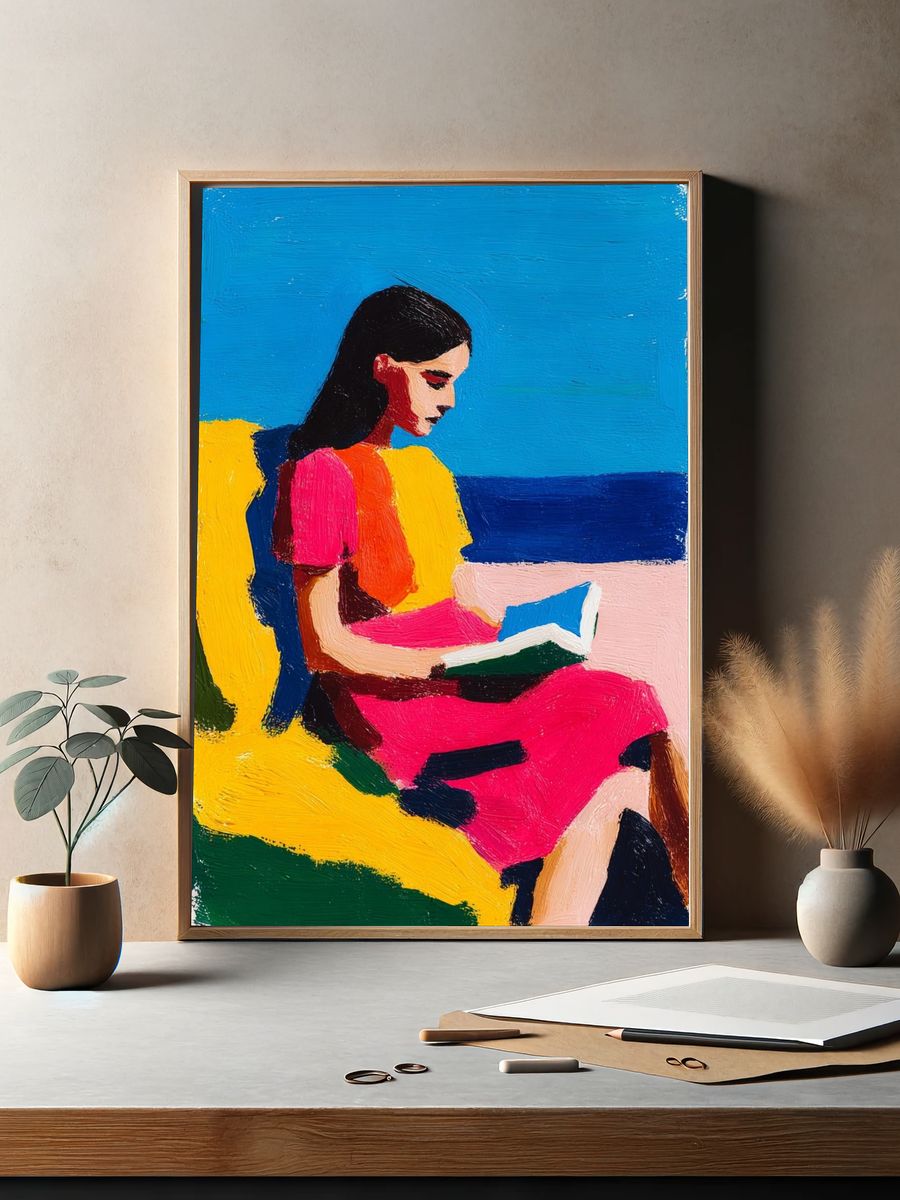 Woman Reading by the Sea — Colorful Print. — room view 2