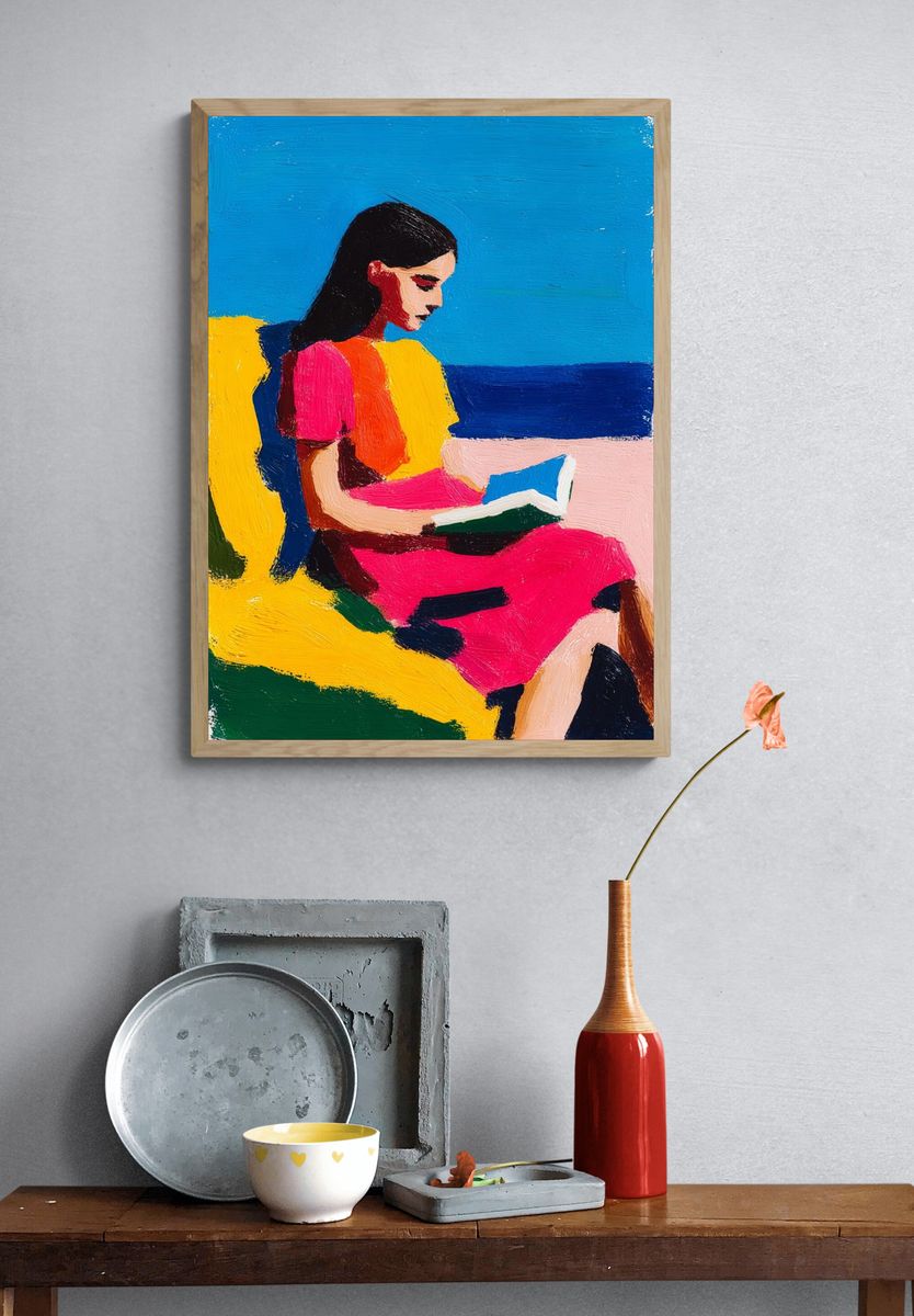 Woman Reading by the Sea — Colorful Print. — room view 3
