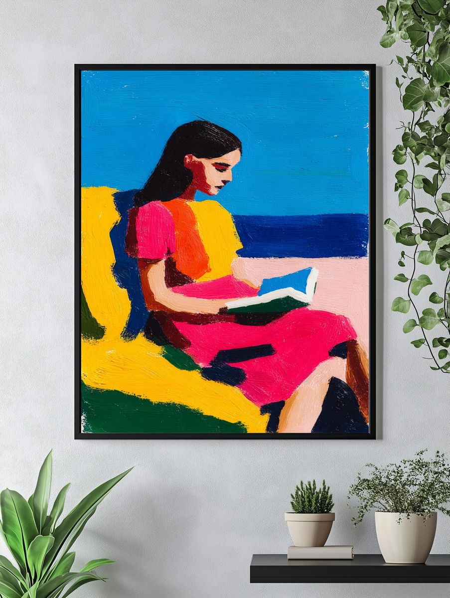 Woman Reading by the Sea — Colorful Print. — room view 4