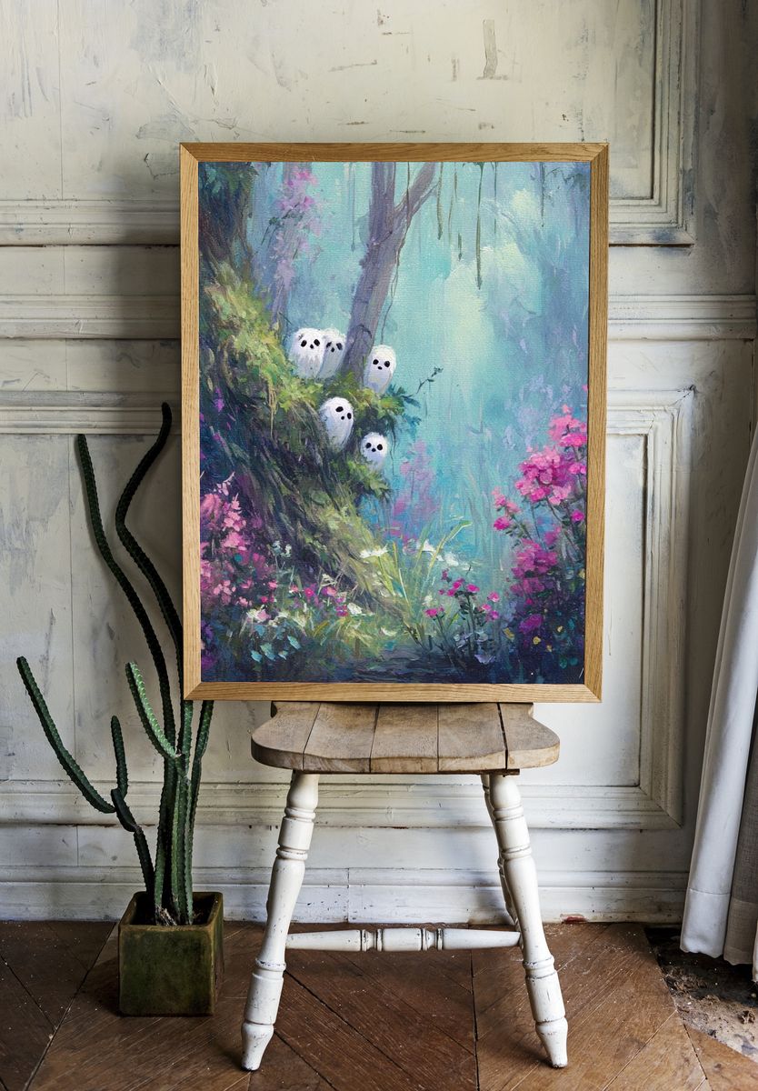 Whimsical Spirits in a Floral Forest — Art Print. — room view 1