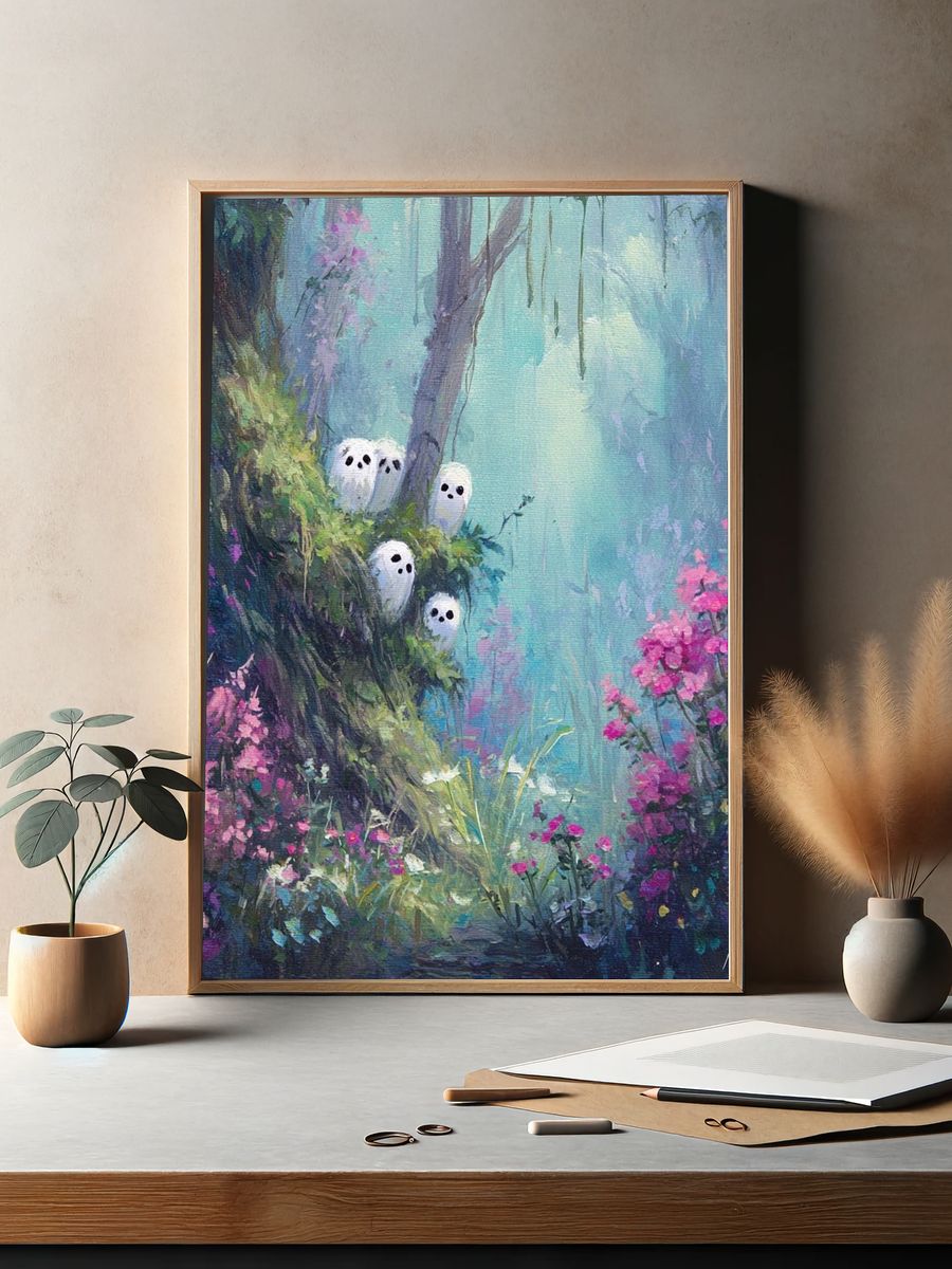 Whimsical Spirits in a Floral Forest — Art Print. — room view 2