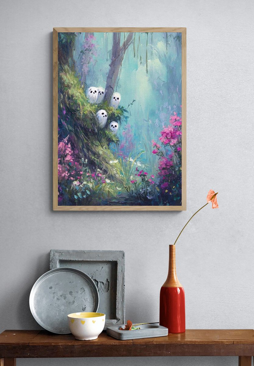 Whimsical Spirits in a Floral Forest — Art Print. — room view 3