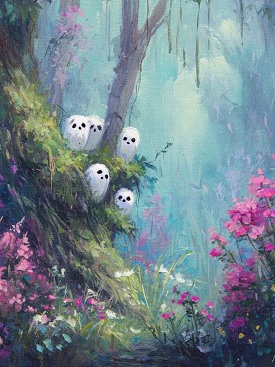Whimsical Spirits in a Floral Forest — Art Print. poster print
