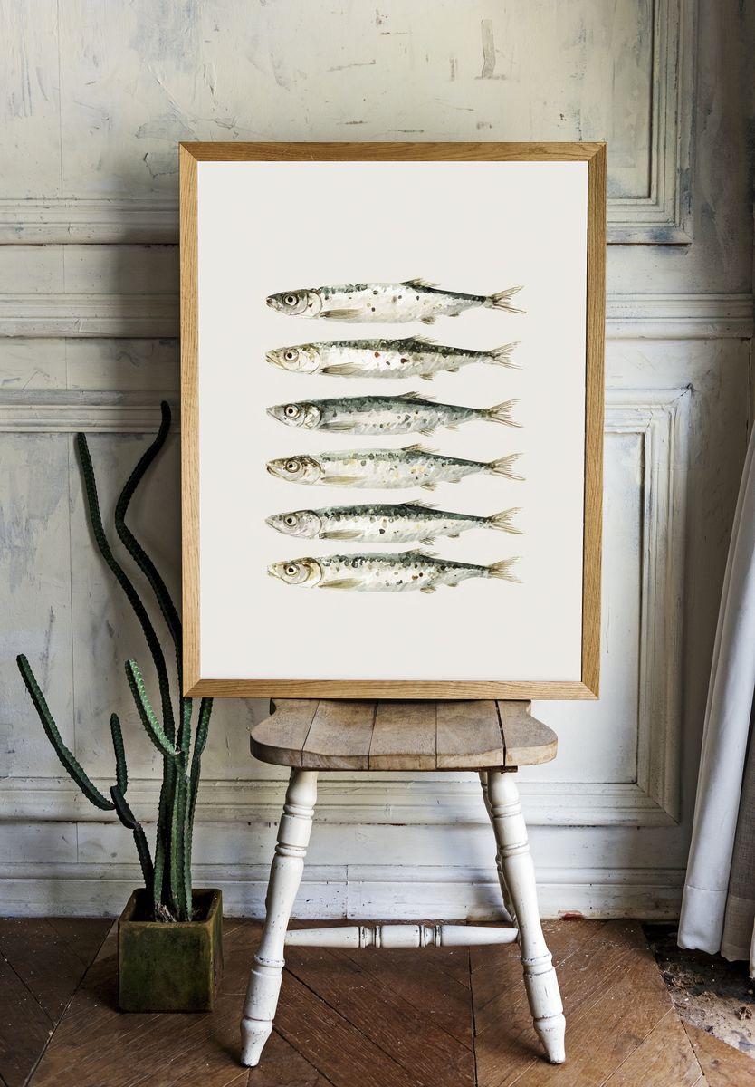 Watercolor Sardines Poster. — room view 1