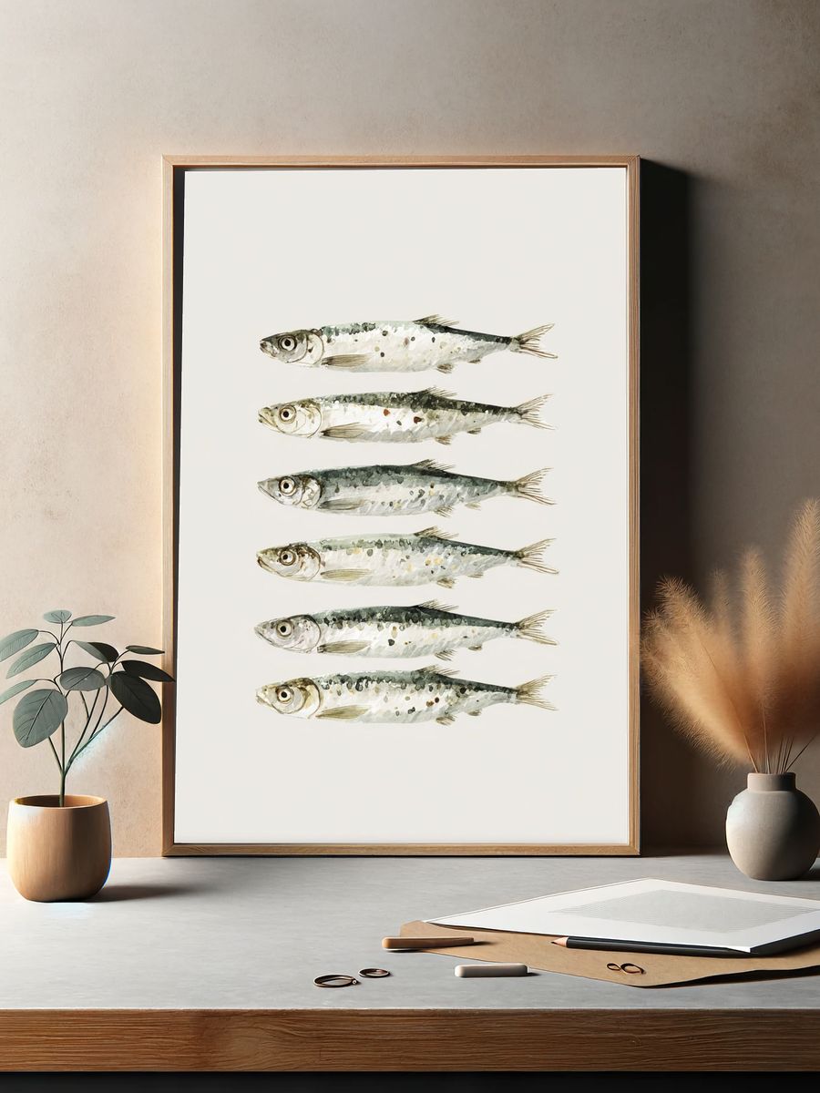 Watercolor Sardines Poster. — room view 2