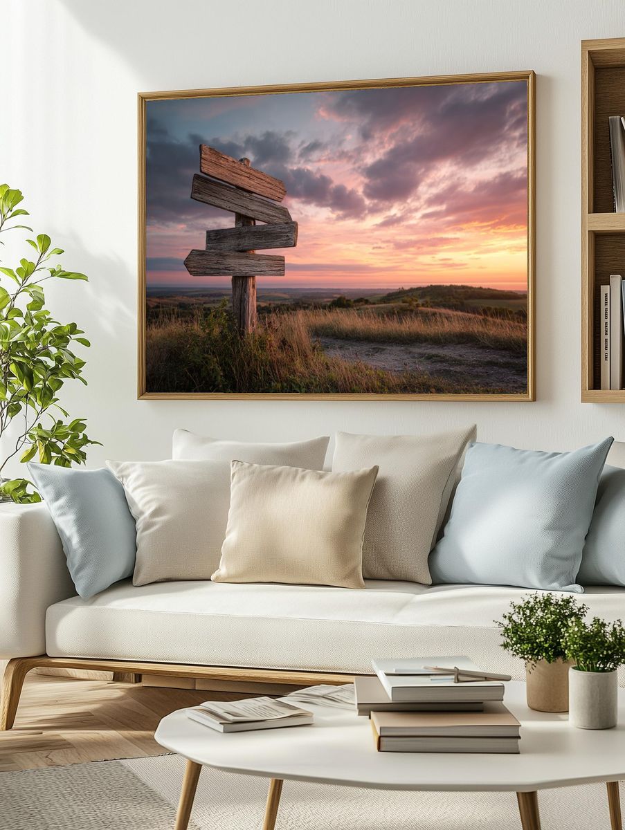 Wooden Signpost at Sunset — Nature Print. — room view 2