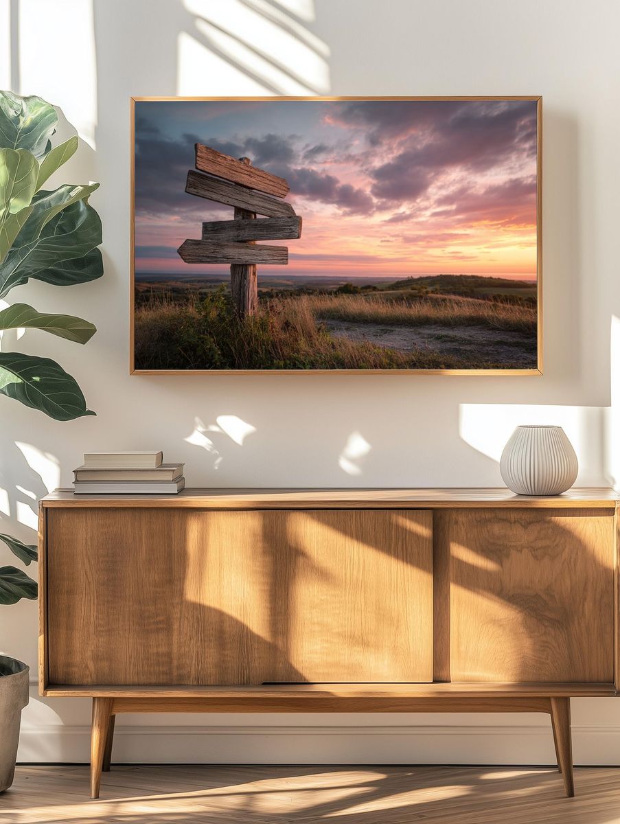 Wooden Signpost at Sunset — Nature Print. — room view 3