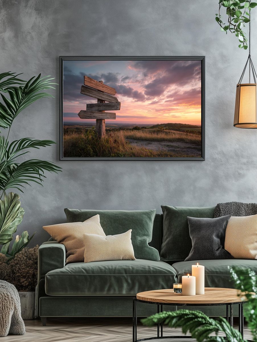 Wooden Signpost at Sunset — Nature Print. — room view 4