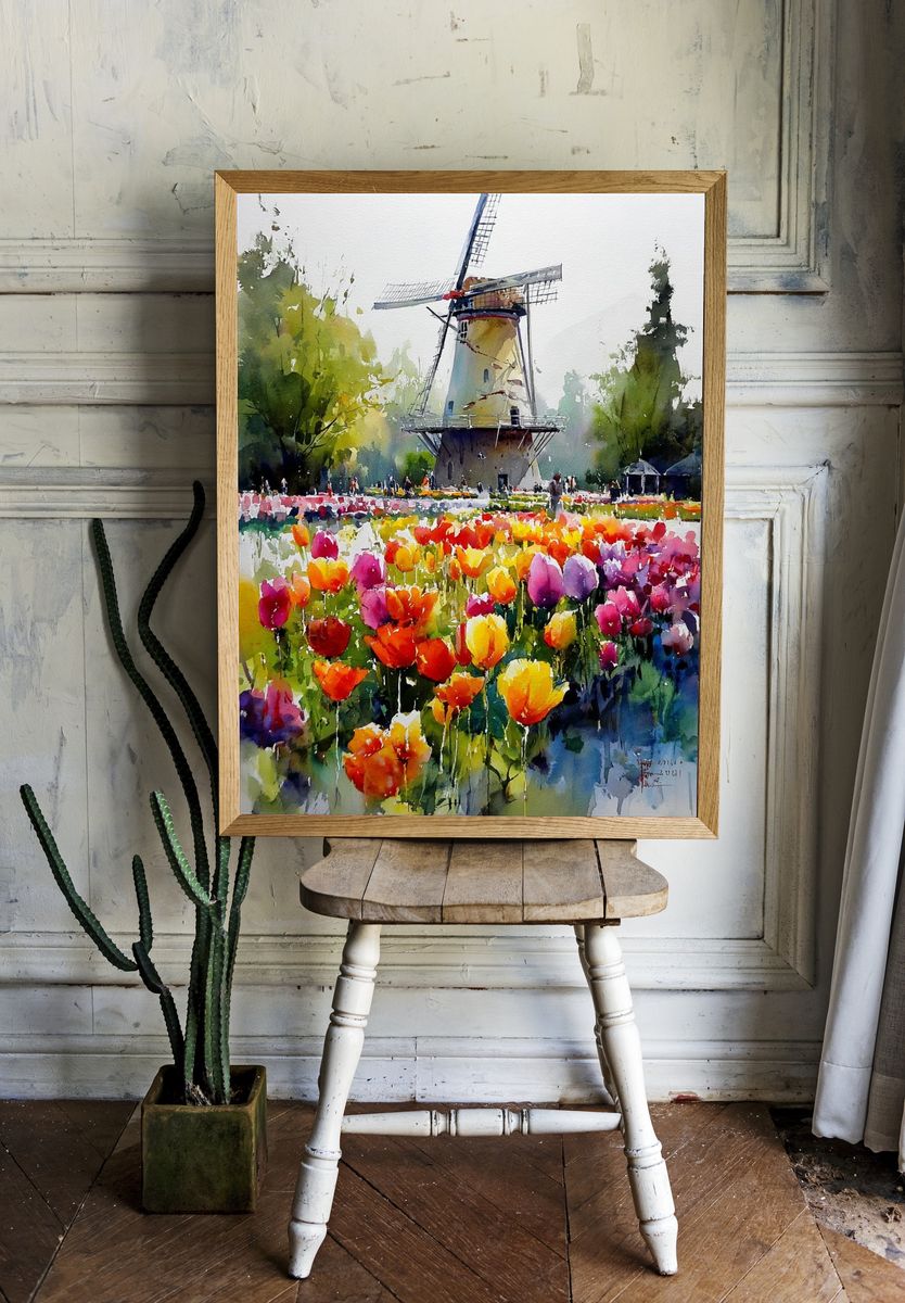 Windmill and Tulip Field — Watercolor Print. — room view 1