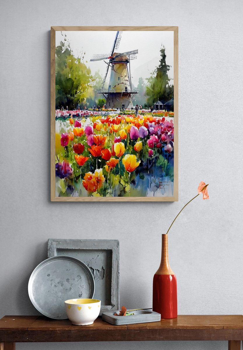 Windmill and Tulip Field — Watercolor Print. — room view 3