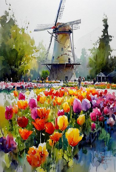 Windmill and Tulip Field — Watercolor Print.