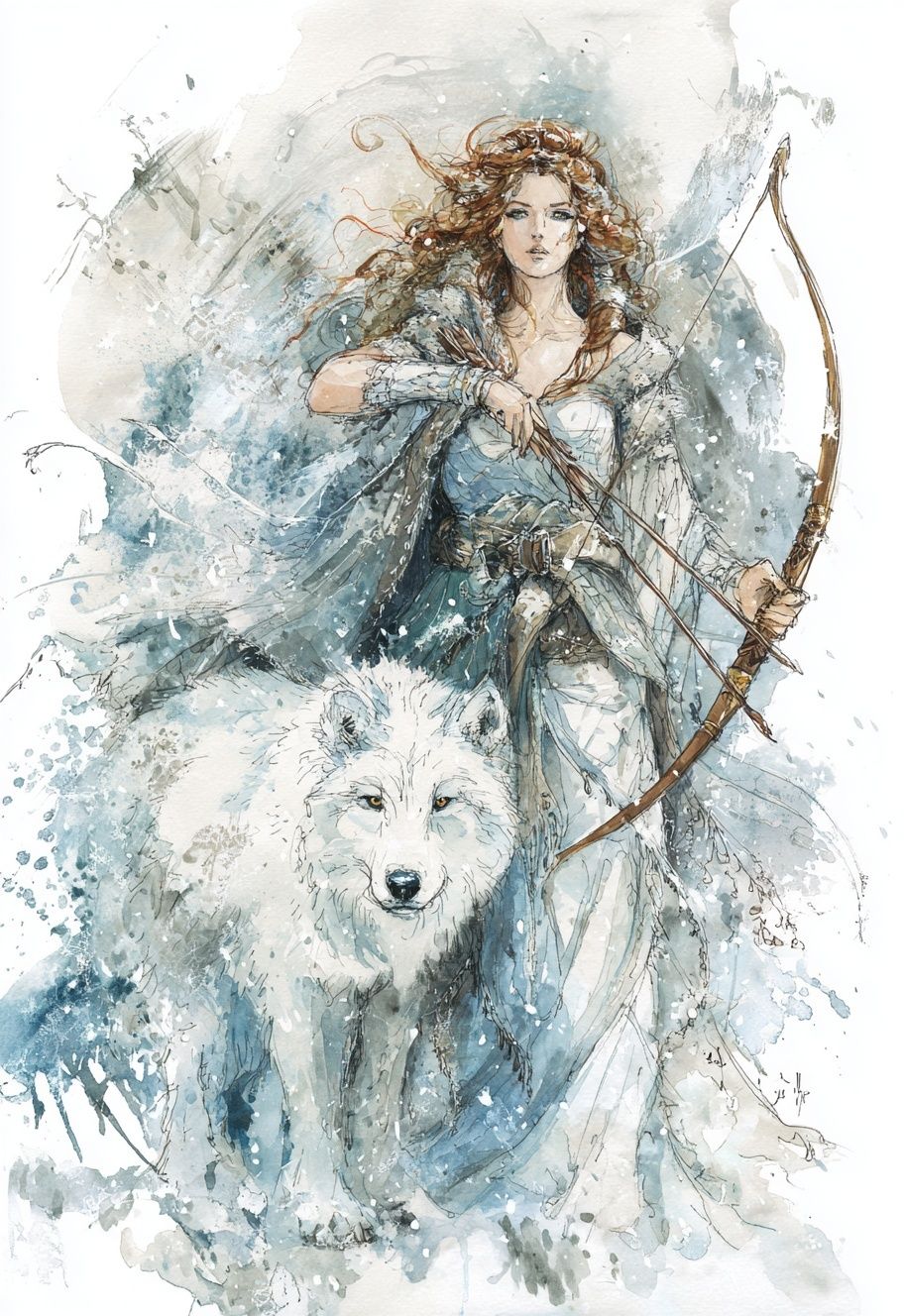Warrior Woman with Wolf — Watercolor Print. poster detail