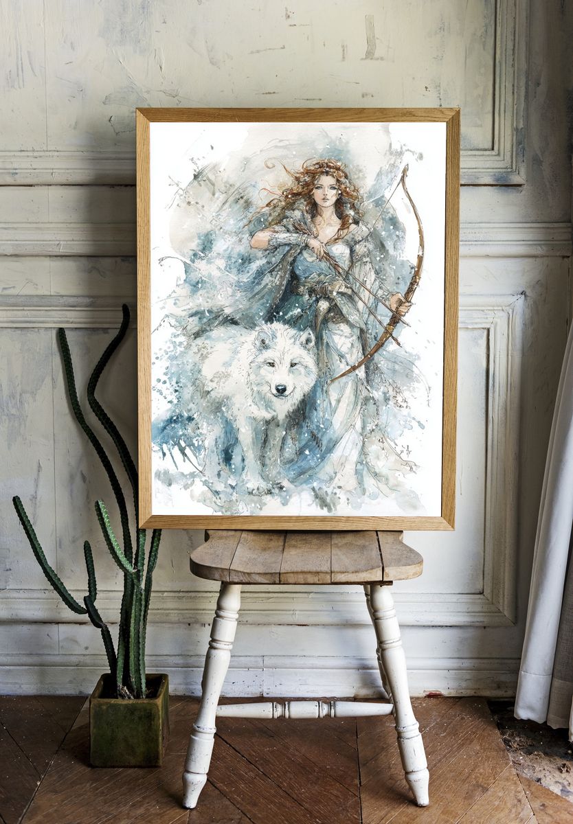 Warrior Woman with Wolf — Watercolor Print. — room view 1