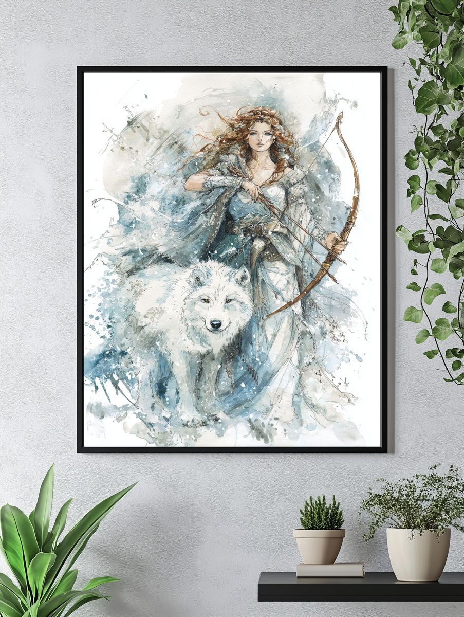Warrior Woman with Wolf — Watercolor Print. — room view 4