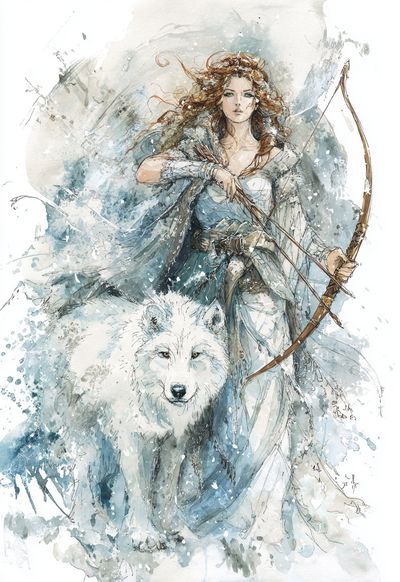 Warrior Woman with Wolf — Watercolor Print. poster
