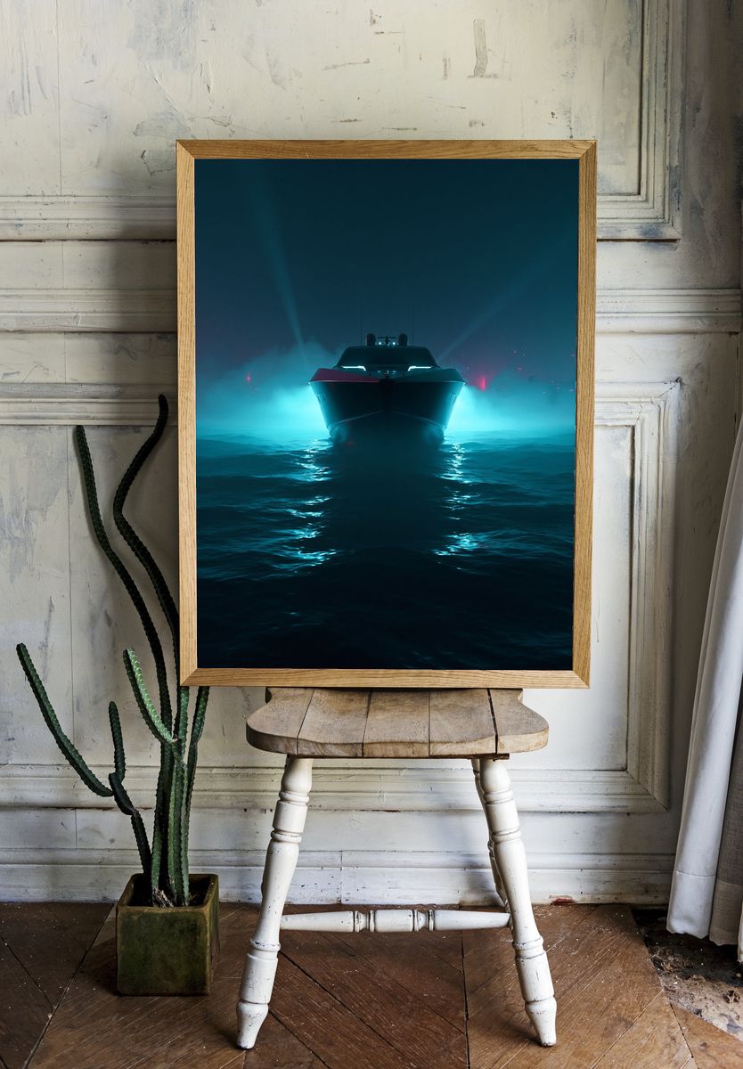 Neon Yacht at Sea Poster. room preview