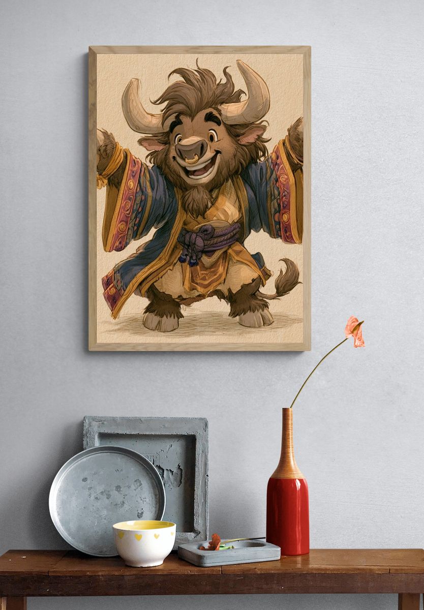 Smiling Yak Character Illustration Poster. — room view 3