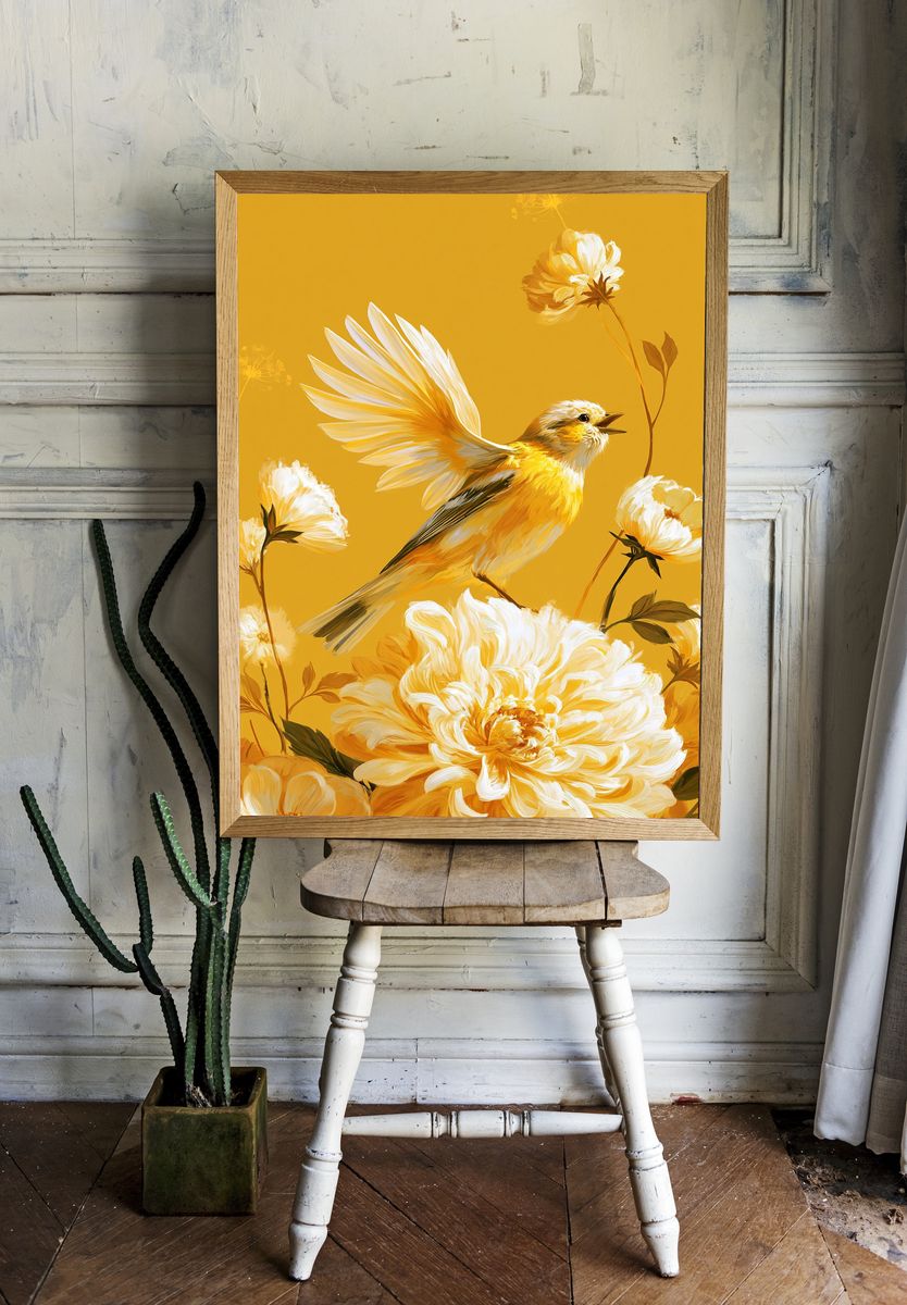 Yellow Bird and Flowers Illustration Poster. — room view 1