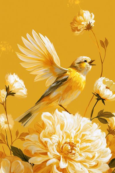 Yellow Bird and Flowers Illustration Poster. poster